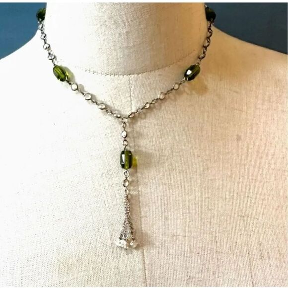 Green Swarovski Y Drop Necklace Jewelry - Green and clear Swarovski crystal Y Drop Necklace